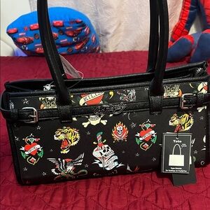 Ed Hardy Black Tote with Colorful Tattoo Designs